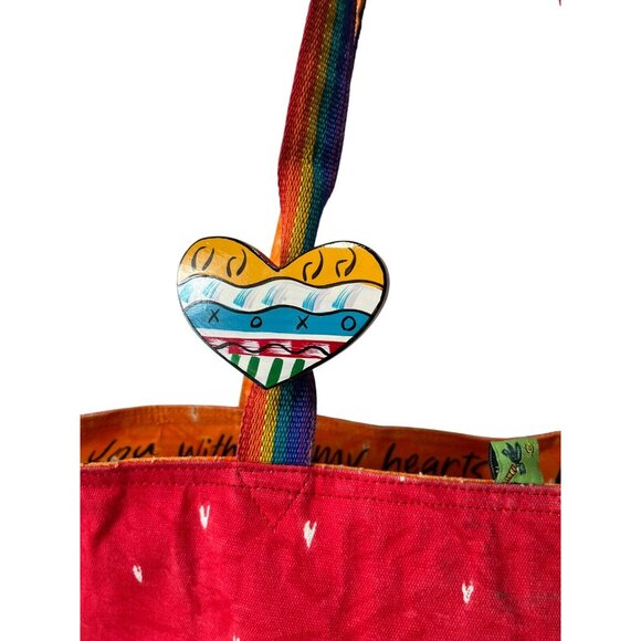 Sally Huss Heart Canvas XLarge Standing Tote Bag With Rainbow Hearts Charm - Picture 3 of 10